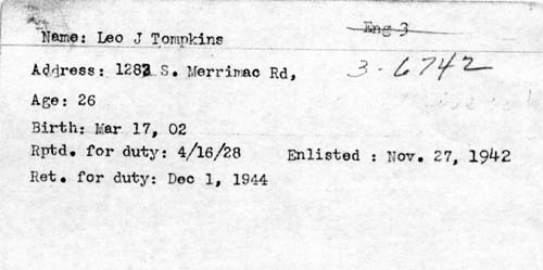 Camden Fire Department personnel record for Leo J. Tompkins Sr., card 4