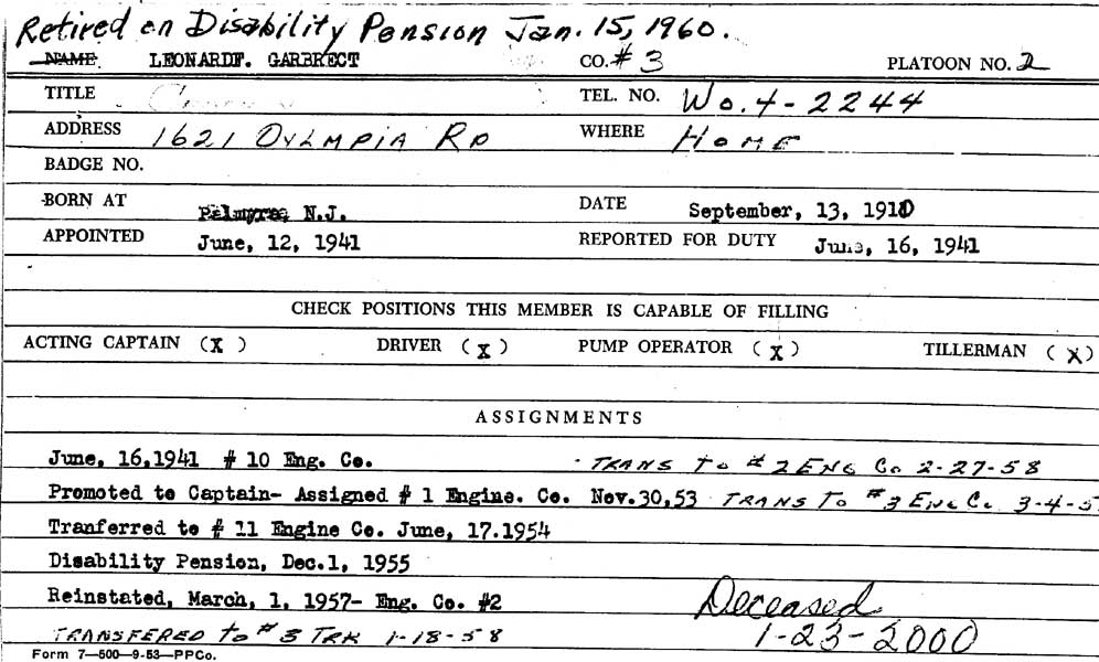Camden Division of Fire Personnel Record — Leonard F. Garbrecht