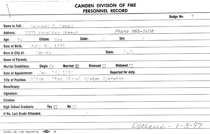 Leonard J. Drozd fire department personnel card