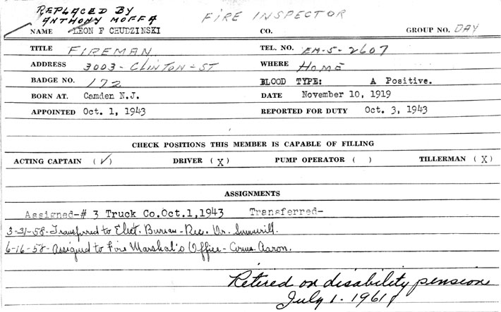 Camden Fire Department personnel card for Leon F. Chudzinski