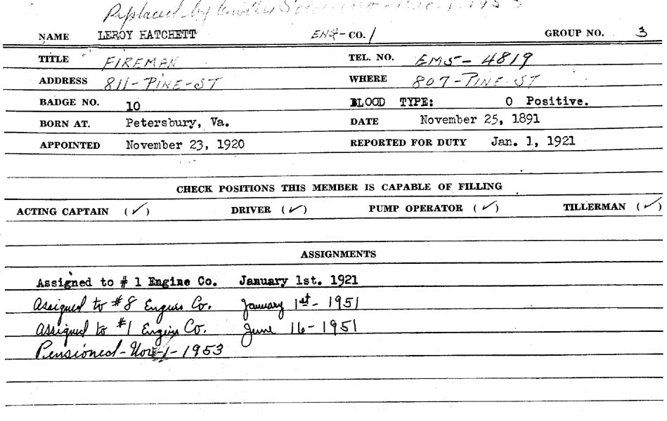 Camden Division of Fire Personnel Record — Leroy Hatchett