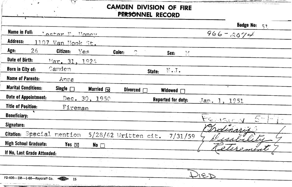 Camden Division of Fire Personnel Record for Lester E. Honey