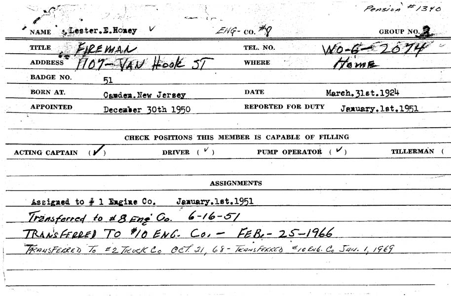 Camden Fire Department assignment record for Lester E. Honey