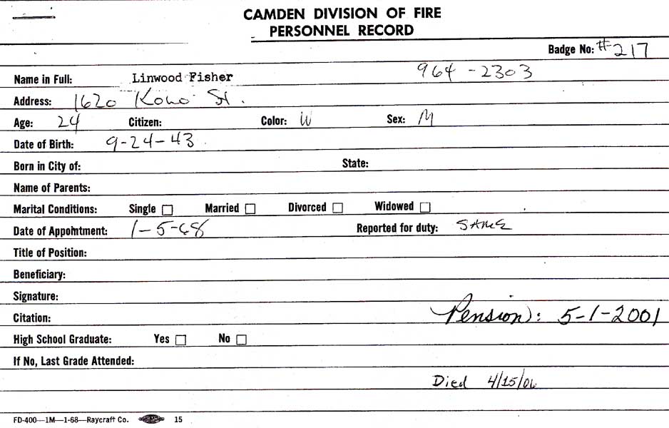 Camden Fire Department personnel record for Linwood Fisher