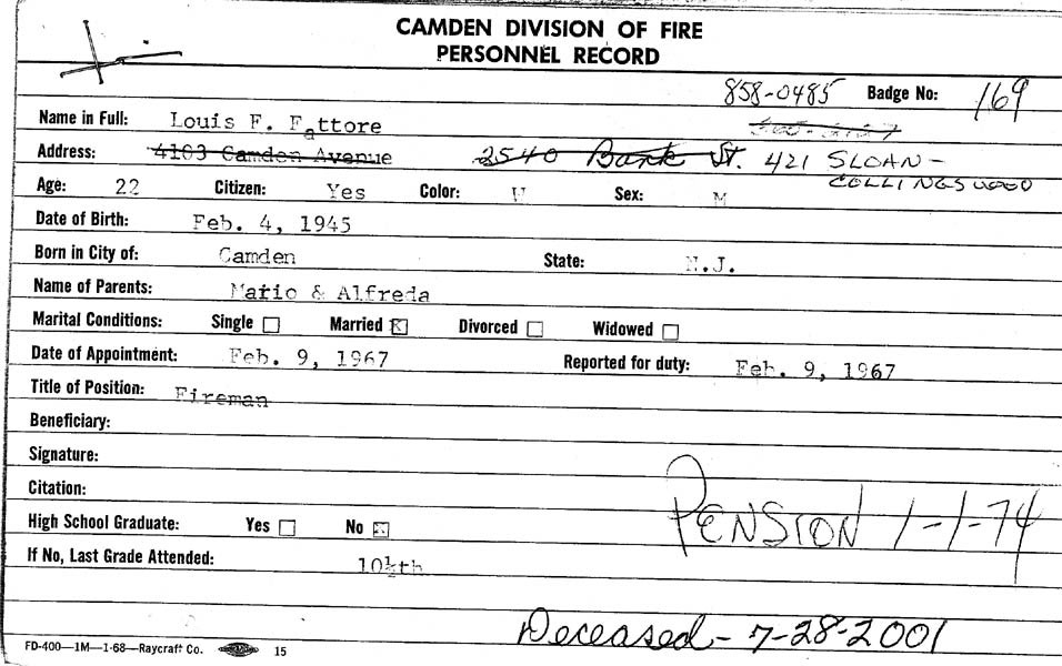 Camden Fire Department personnel record for Louis F. Fattore