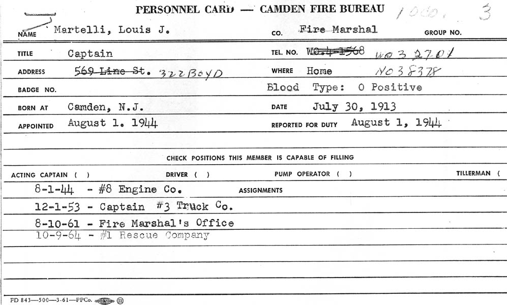 Camden Fire Bureau Personnel Card for Louis J. Martelli
