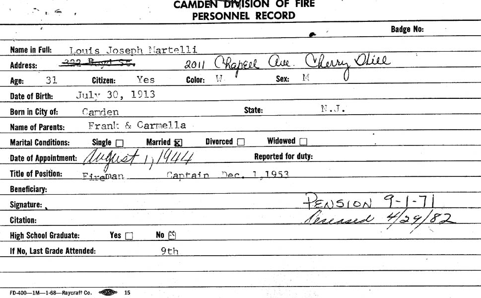 Camden Division of Fire Personnel Record for Louis Joseph Martelli