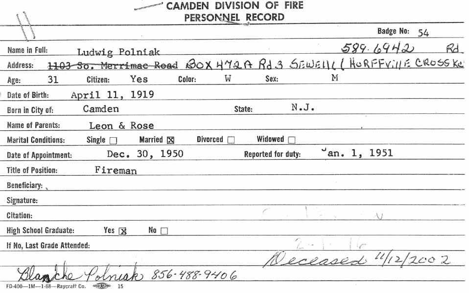 Camden Division of Fire Personnel Record — Ludwig Polniak, Badge No. 54, appointed December 30, 1950