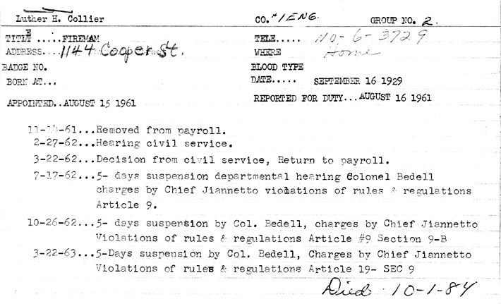 Luther H. Collier fire department personnel record