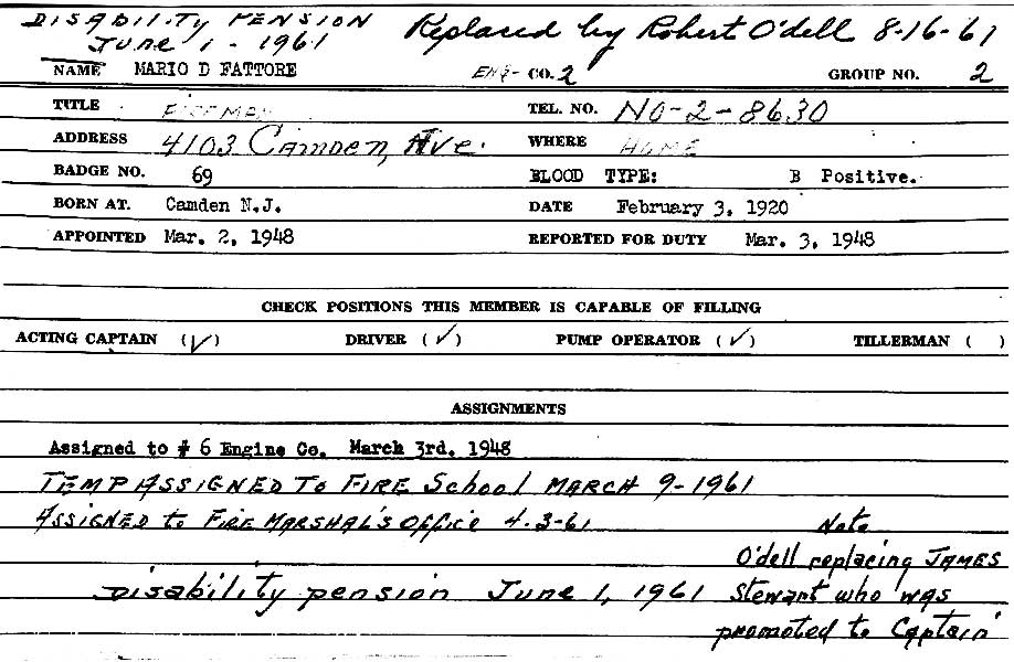Camden Fire Department record — Mario D. Fattore