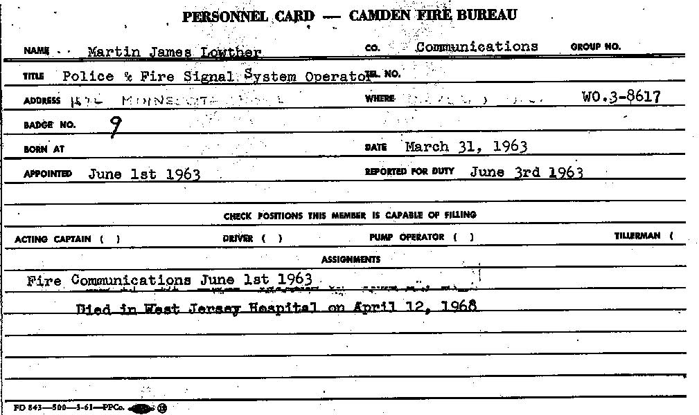 Front of Camden Fire Department service card for Martin J. Lowther