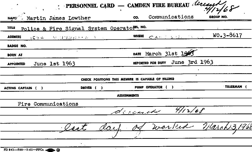Back of Camden Fire Department service card for Martin J. Lowther
