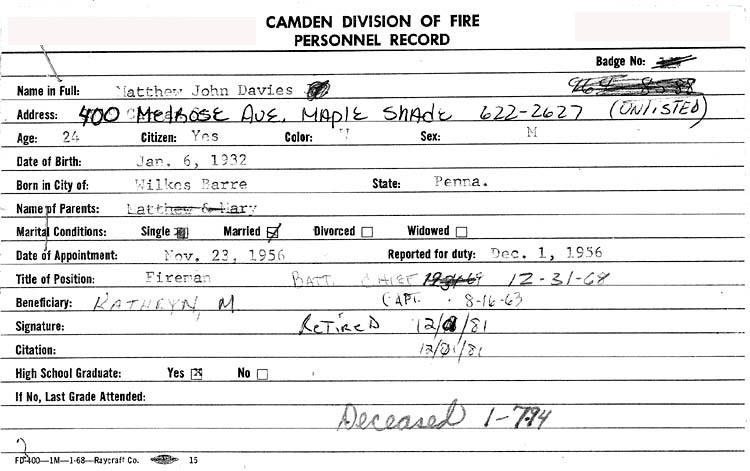 Matthew John Davies fire service record card