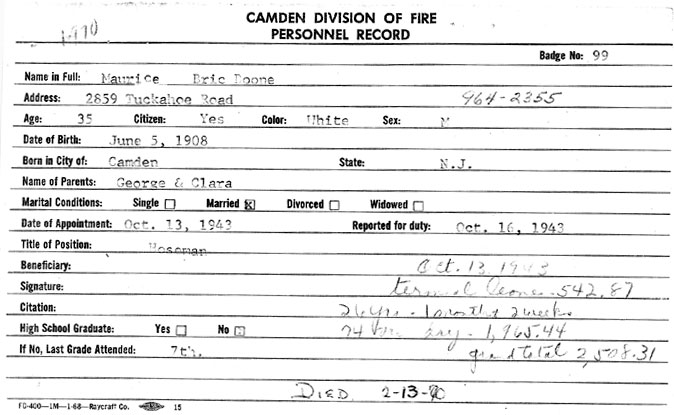 Camden Fire Department record — Maurice B. Boone