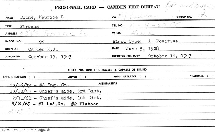 Camden Fire Department record — Maurice B. Boone