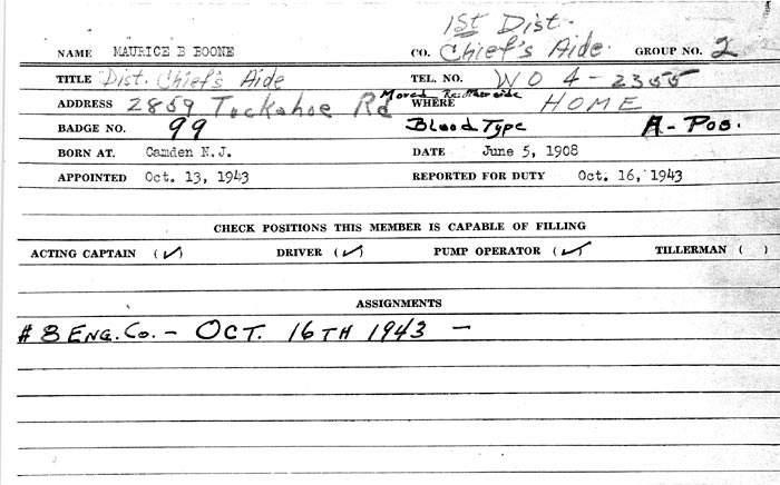 Camden Fire Department record — Maurice B. Boone