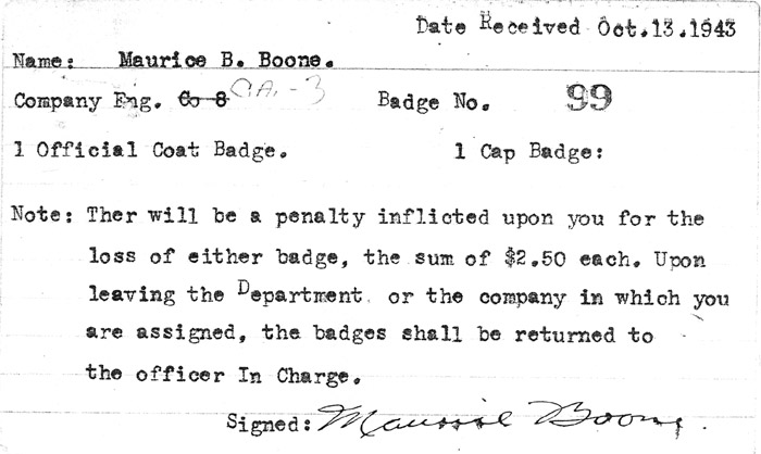 Camden Fire Department Acknowledgement of Badge Receipt — Maurice B. Boone