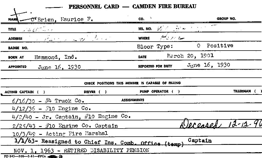 Camden Fire Bureau personnel card for Maurice F. O'Brien