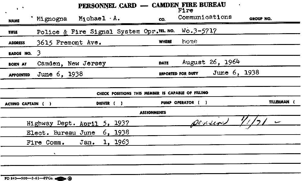 Fire service record card for Michael A. Mignona, page 1