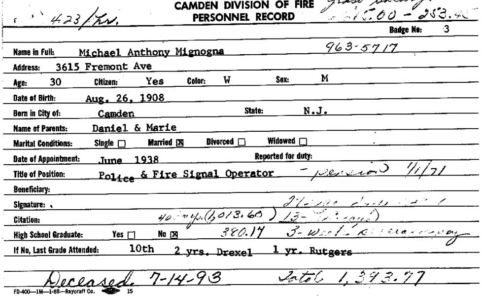 Fire service record card for Michael A. Mignona, page 2