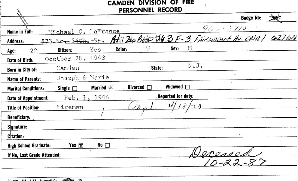 Michael C. LaFrance — Camden Division of Fire Personnel Record