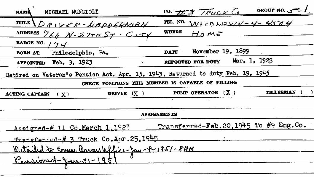 Camden Fire Department service card for Michael Mungioli