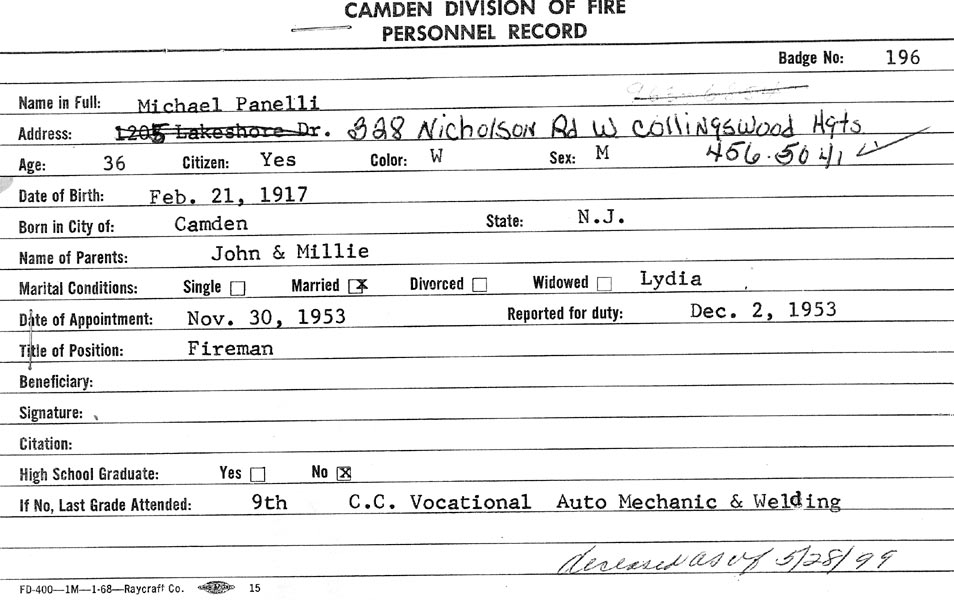 Michael Panelli — Camden Fire Department Personnel Record