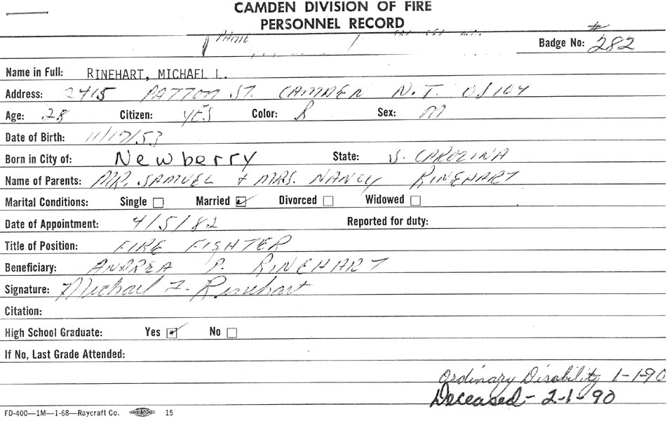 Fire department card for Michael Rinehart