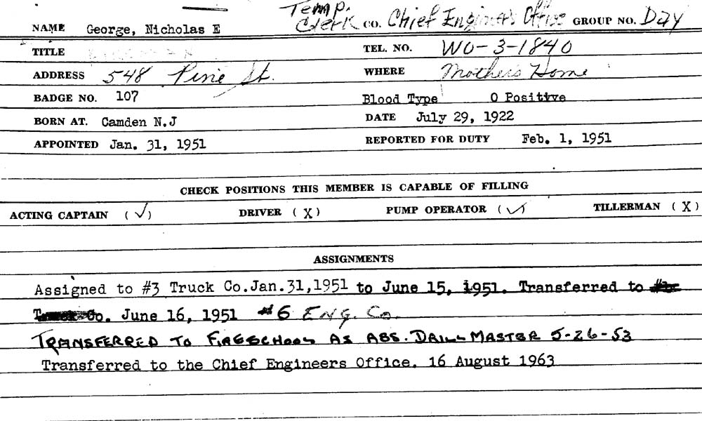 Camden Fire Department service record card for Nicholas E. George