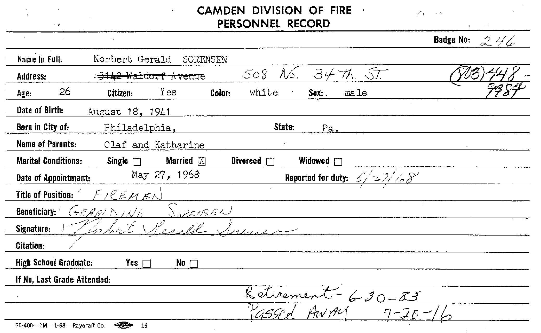 Norbert G. Sorensen fire department card, front