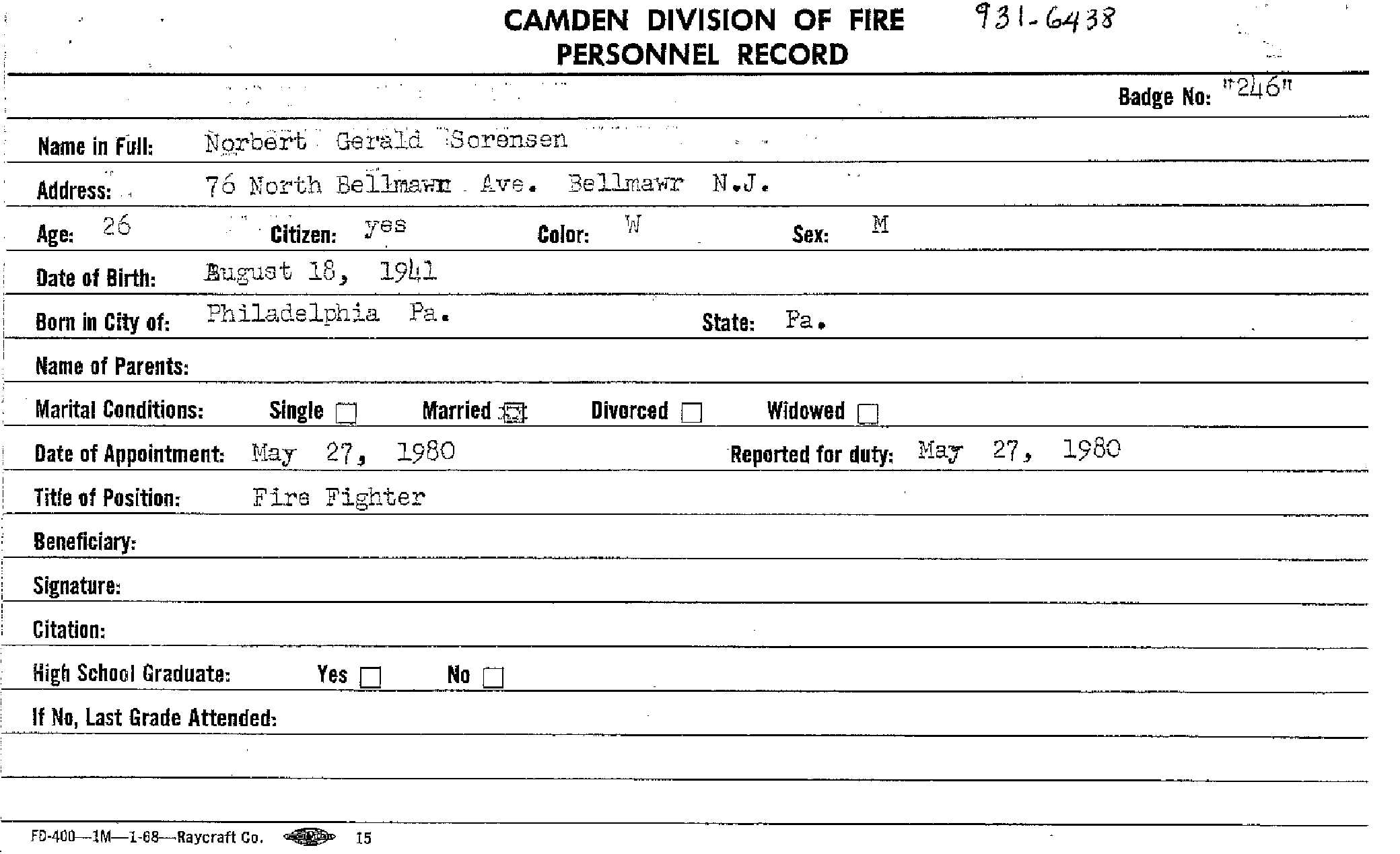Norbert G. Sorensen fire department card, back