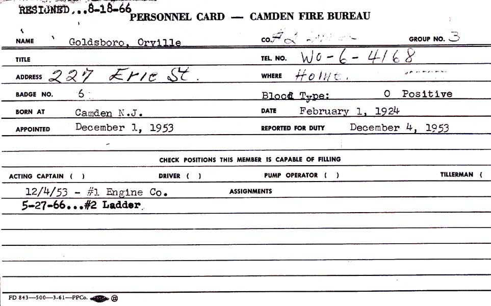Orville Goldsboro Jr. Camden Fire Department card