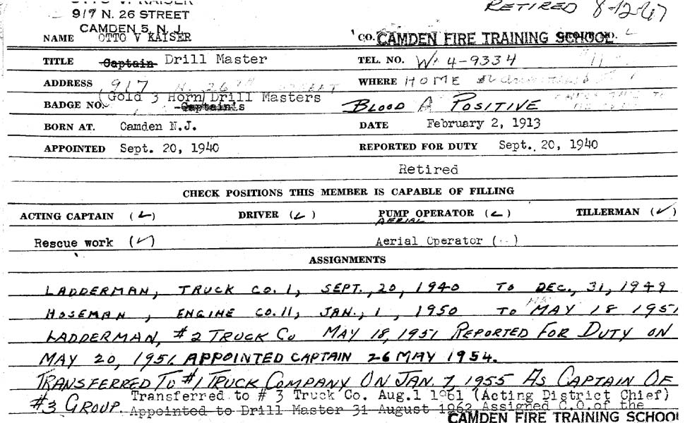 Camden Fire Department personnel card for Otto V. Kaiser, showing assignments from 1940 to retirement in 1967