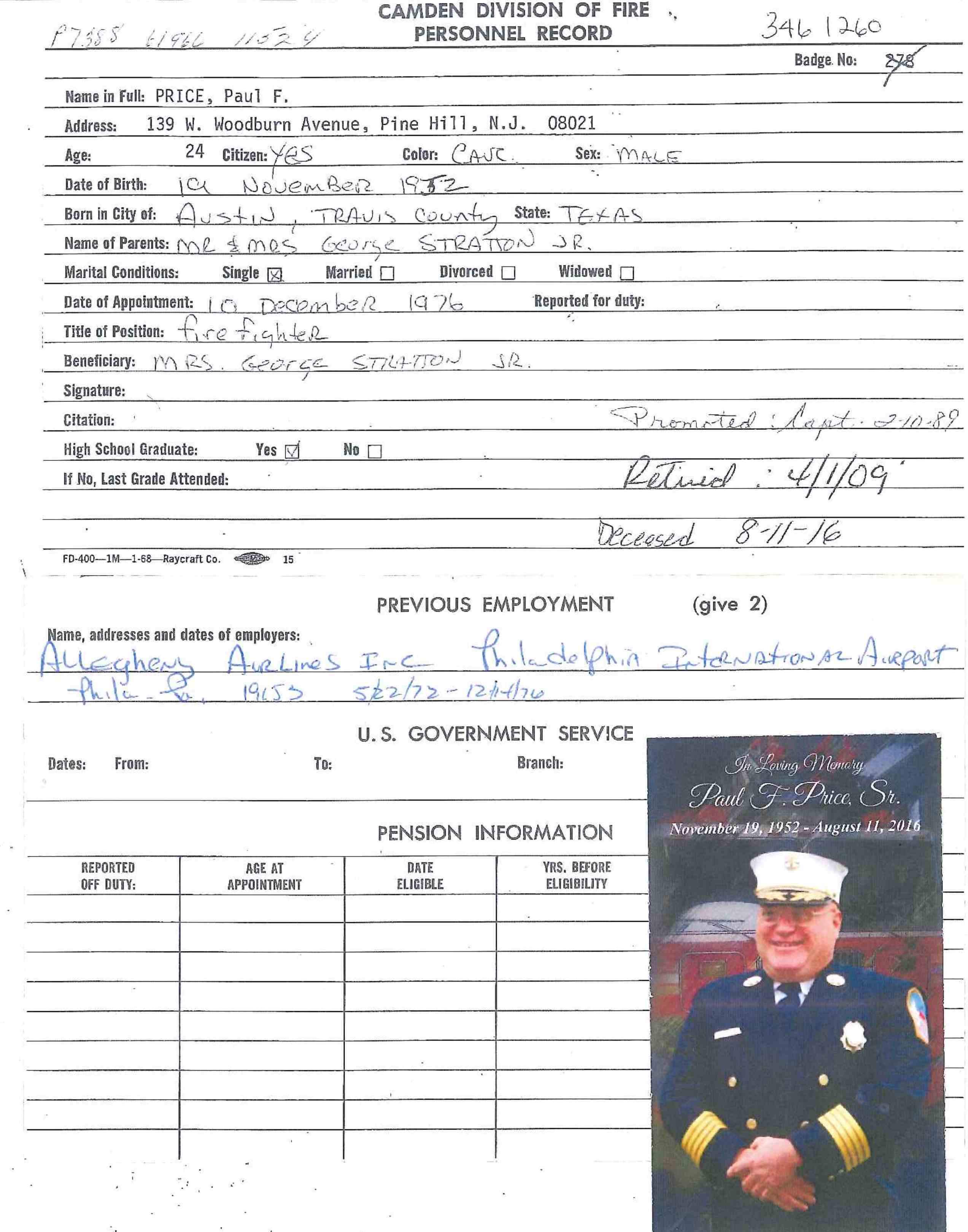 Paul F. Price Sr. fire department record card