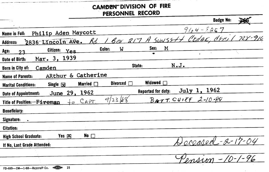Philip A. Maycott personnel card