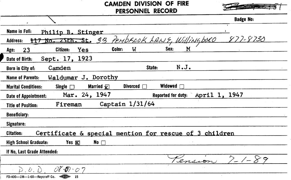 Philip B. Stinger Camden Fire Department memorial card