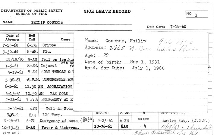 Philip C. Cosenza Camden Fire Department personnel card