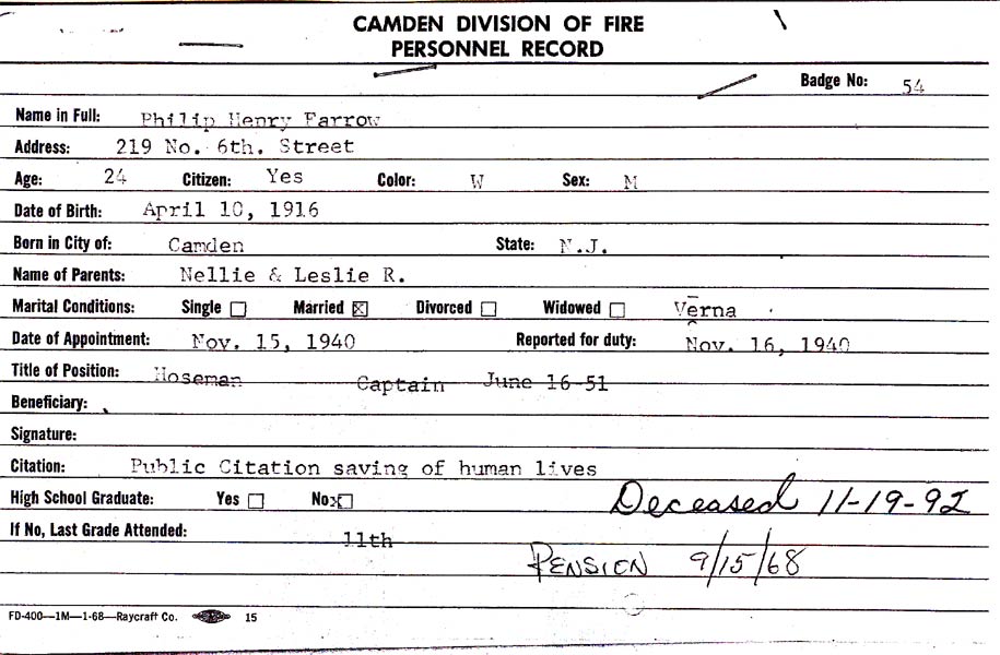 Philip H. Farrow fire department service record card