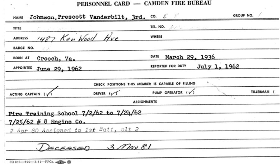 Prescott V. Johnson III memorial card