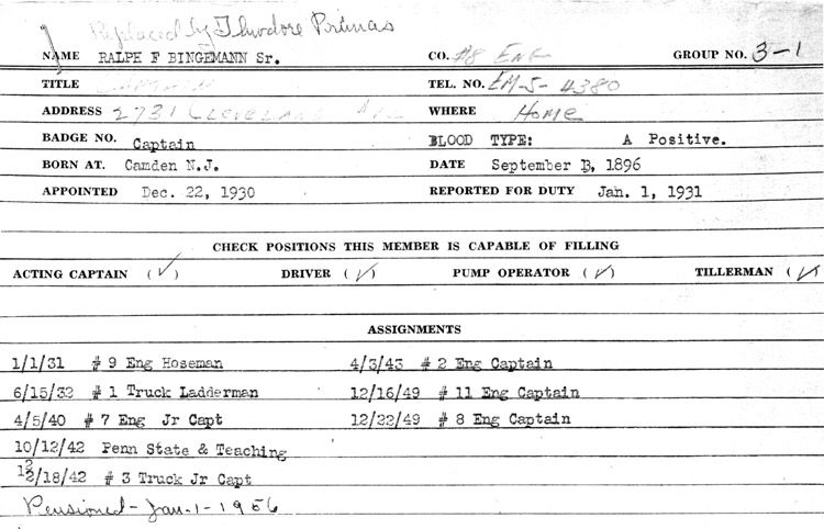 Ralph F. Bingemann Sr., Camden Fire Department service record card