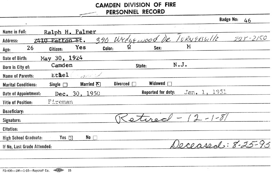 Ralph H. Palmer fire department service card