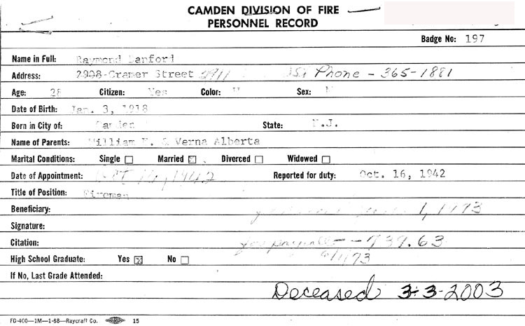 Raymond E. Banford — Camden Fire Department service card