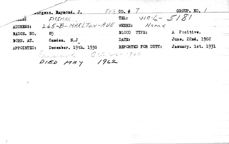 Camden Fire Department personnel card for Raymond J. Burgess