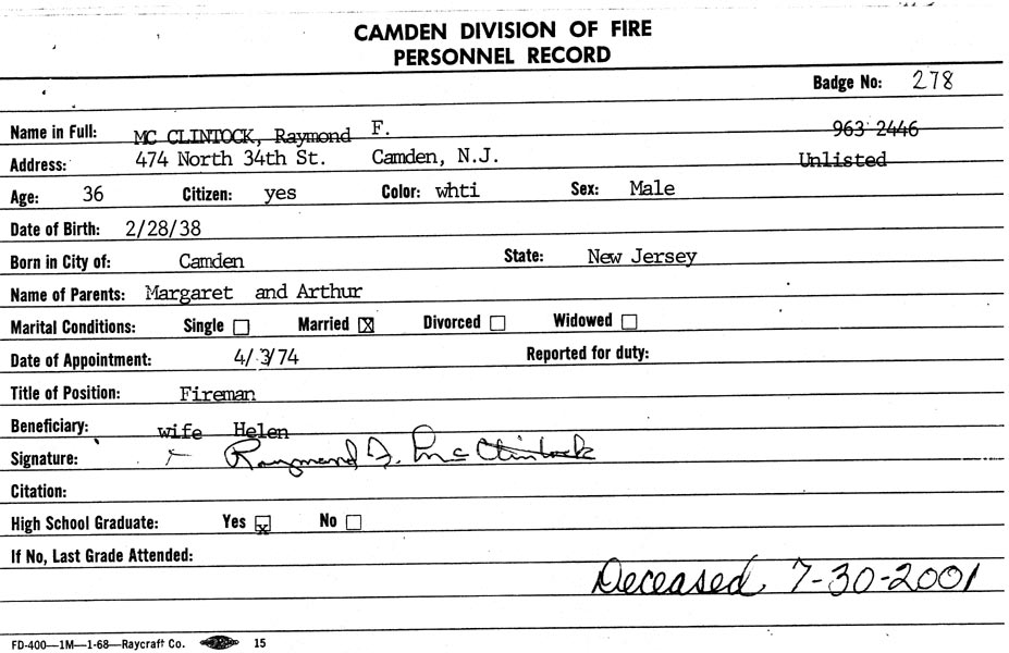Camden Division of Fire Personnel Record — Raymond F. McClintock