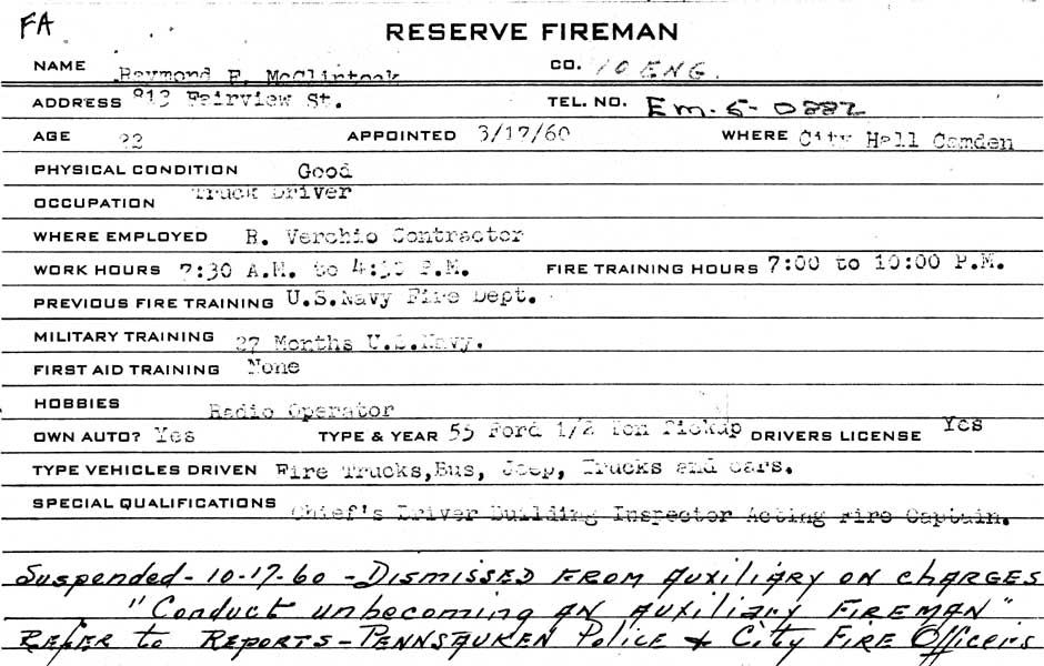 Reserve Fireman record — Raymond F. McClintock