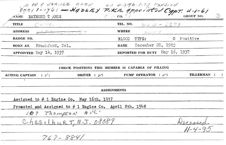 Fire department service record card for Raymond T. Amos