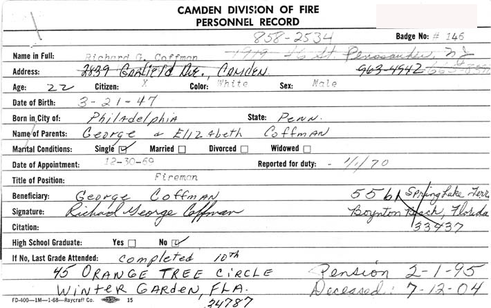 Richard G. Coffman fire department record card
