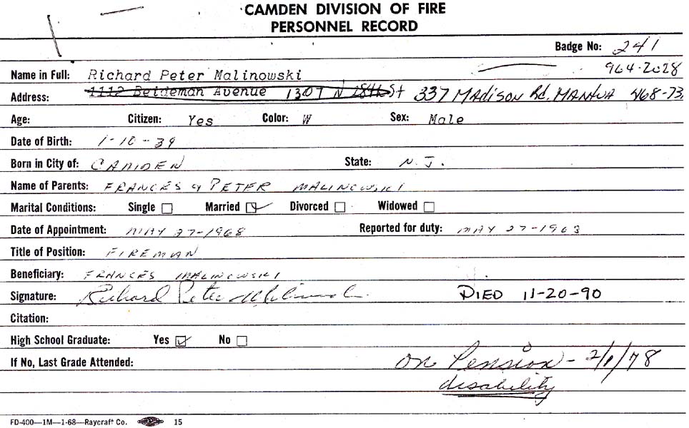 Fire department card for Richard P. Malinowski