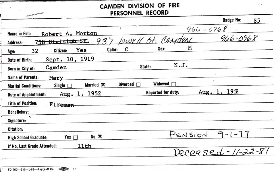 Camden Division of Fire Personnel Record for Robert A. Morton, Badge No. 85