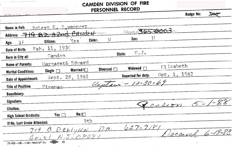 Camden Division of Fire Personnel Record — Robert E. Davenport